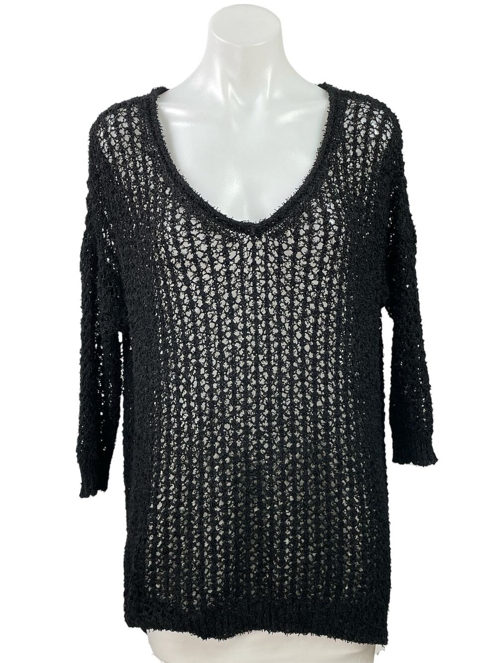 Millau Women's Black 3/4 Sleeves Open Knit Crochet V-neck Tunic Blouse Top Sz S
